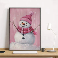 Whimsical Winter Wall Art Print, Pink Snowman Poster, Adorable Holiday Wall Decor, Pastel Christmas Print, Girls Room Seasonal Art Poster
