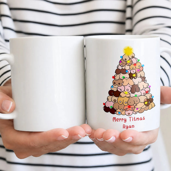 Humorous Boob Tree Christmas Coffee Mug, Merry Titmas Ceramic Mug, Sarcastic Holiday Graphic Cup 11oz 15oz, Adult Humor Xmas 