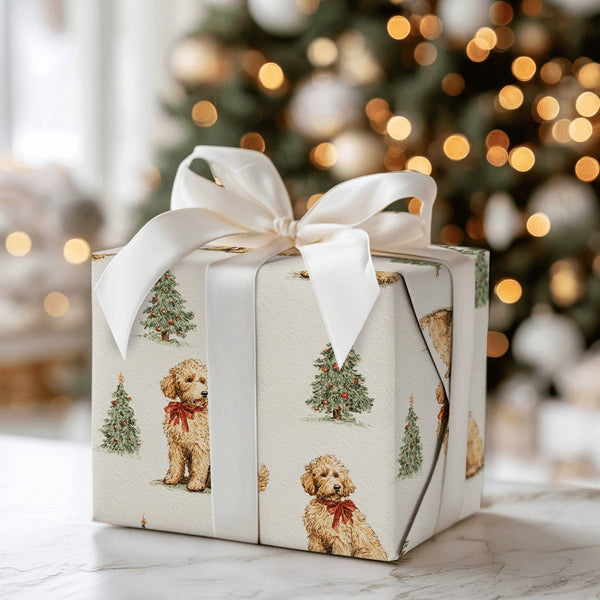 Holiday Dog Gift Wrap, Goldendoodle Christmas Wrapping Paper, Adorable Puppy Wrapping Paper, Christmas Tree Gift Wrap, Dog Lo