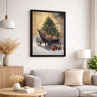 Snowy Tree and Presents Canvas Print, Vintage Christmas Sleigh Canvas Wall Art, Holiday Sleigh Wall Decor, Winter Season Festive Canvas Art