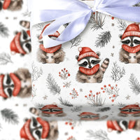 Red Scarf Hat Animal Gift Wrap, Winter Raccoon Wrapping Paper, Watercolor Christmas Wrapping Paper, Woodland Holiday Gift Wrap, Adorable Paper