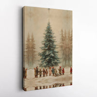 Children in Snowy Forest Canvas, Vintage Christmas Tree Canvas Print, Winter Wonderland Wall Art, Retro Holiday Wall Decor, Xmas Canvas Art