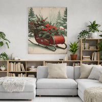 Rustic Red Sled Holiday Canvas Print, Vintage Christmas Sleigh Canvas Wall Art, Winter Pine Wall Decor, Festive Xmas Canvas Art