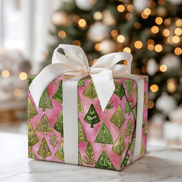 Green Trees Pink Gift Wrap, Watercolor Tree Christmas Wrapping Paper, Whimsical Holiday Tree Wrapping Paper, Festive Winter W