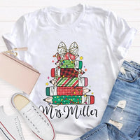 Colorful Crayons Bows Holiday Shirt, Personalized Christmas T-Shirt, Custom Name Kids Xmas Graphic Tee, Festive School Party Shirt