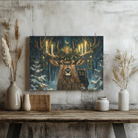 Winter Forest Stag Holiday Print, Christmas Stag and Black Cat Canvas Wall Art, Enchanted Christmas Stag Poster, Festive Digital Download