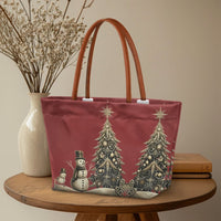 Snowman and Holiday Tree Shoulder Bag, Vintage Christmas Tote Bag, Festive Winter Handbag, Large Commuter Tote Bag, Present for Women