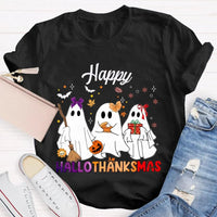 Adorable Three Ghosts Holiday Tee, Happy Hallothankmas T-Shirt, Halloween Thanksgiving Christmas Shirt, Humorous Ghost Graphic T-Shirt