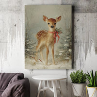 Snowy Forest Deer Holiday Print, Vintage Christmas Fawn Canvas Wall Art, Winter Baby Animal Nursery Decor, Farmhouse Poster