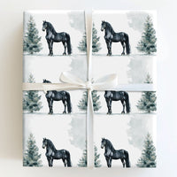 Watercolor Winter Horse Gift Wrap, Friesian Horse Christmas Wrapping Paper, Equestrian Holiday Wrapping Paper, Black Horse Wrapping Paper