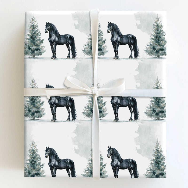 Watercolor Winter Horse Gift Wrap, Friesian Horse Christmas Wrapping Paper, Equestrian Holiday Wrapping Paper, Black Horse Wrapping Paper