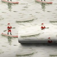 SUP Christmas Gift Wrap, Coastal Santa Paddleboard Wrapping Paper, Watercolor Nautical Holiday Wrap, Festive Seasonal Wrapping Paper Roll