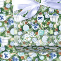 Blue and White Ornament Gift Wrap, Chinoiserie Christmas Wrapping Paper, Watercolor Pine Wrapping Paper Roll, Elegant Holiday Present Wrap