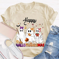 Adorable Three Ghosts Holiday Tee, Happy Hallothankmas T-Shirt, Halloween Thanksgiving Christmas Shirt, Humorous Ghost Graphic T-Shirt