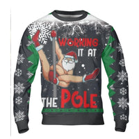 Humorous Pole Dancing Santa Sweatshirt, Working It at the Pole Ugly Christmas Sweater, Naughty Xmas Party Crewneck, Holiday Humor Pullover