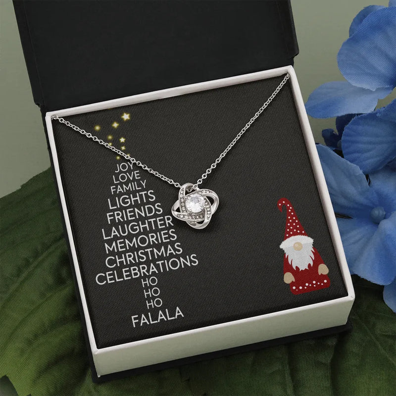 Holiday Gnome Word Art Love Knot Necklace, Christmas Love Knot Necklace, 14k White Gold Over Stainless Steel Pendant Necklace, Holiday Present