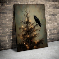 Dark Academia Holiday Canvas Print, Gothic Raven Christmas Tree Canvas Wall Art, Moody Winter Bird Canvas Art, Spooky Christmas Wall Decor