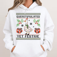 Humorous Duck Christmas Hooded Sweatshirt, Overstimulated Yet Festive Goose Hoodie, Holiday Goose Graphic Pullover, Sarcastic Xmas Hoodie