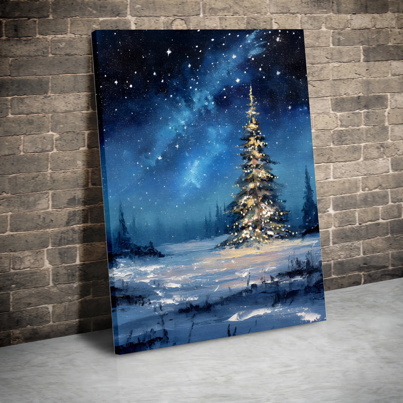 Snowy Starry Night Landscape Print, Christmas Tree Digital Wall Art, Winter Holiday Forest Poster, Festive Printable Home Decor