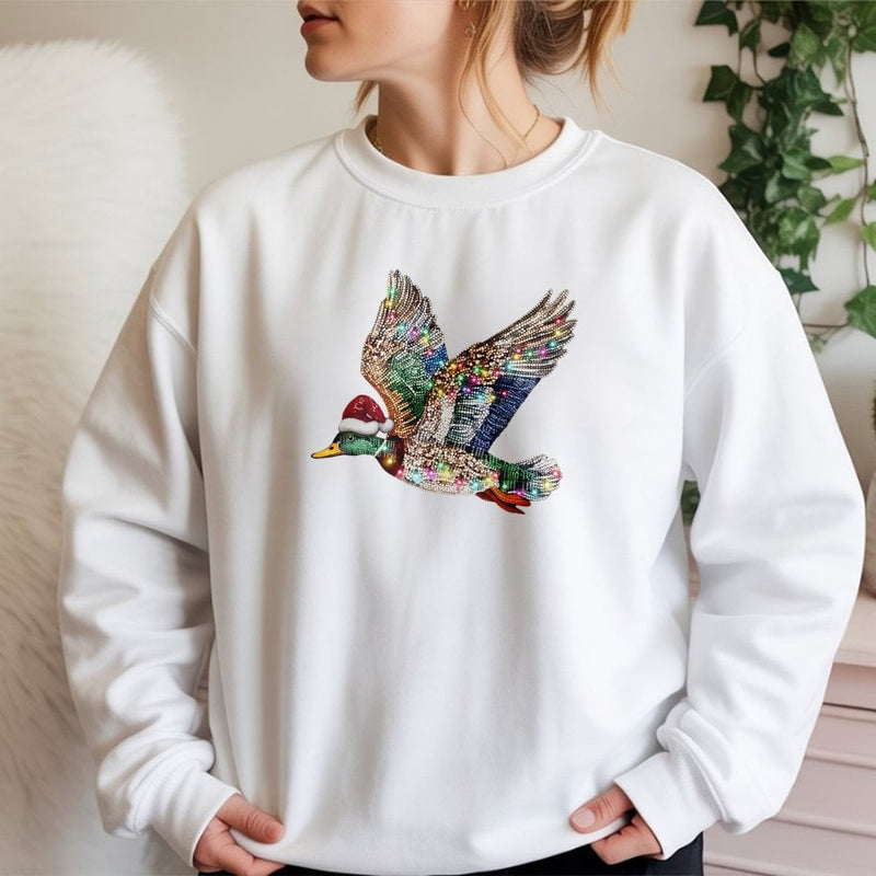 Rhinestone Style Waterfowl Bird Crewneck, Mallard Duck Christmas Sweatshirt, Holiday Duck Hunter Sweater, Retro Christmas Wildlife Pullover