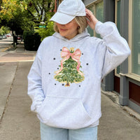 Coquette Bow Holiday Pullover, Watercolor Christmas Tree Hoodie, Aesthetic Winter Season Sweatshirt, Adorable Xmas Tree Hoodie