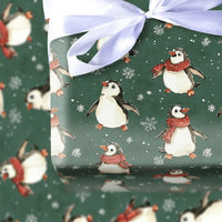 Dark Green Winter Penguin Gift Wrap, Christmas Penguin Wrapping Paper, Adorable Red Scarf Holiday Wrapping Paper, Festive Present Gift Wrap Roll