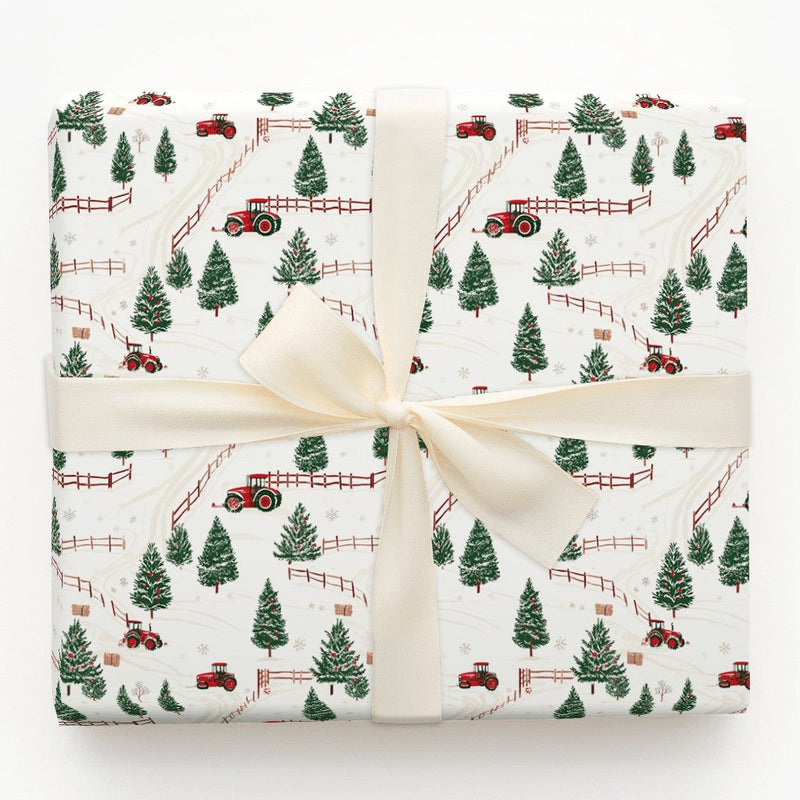 Farmhouse Holiday Gift Wrap, Red Tractor Christmas Wrapping Paper, Rustic Country Tractor Wrapping Paper, Winter Farm Present Wrap Roll