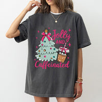 Christmas Coffee Lover Shirt, Jolly and Caffeinated T-Shirt, Festive Holiday Graphic Tee, Adorable Xmas Coffee T-Shirt