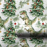 Watercolor T-Rex Gift Wrap, Dinosaur Christmas Wrapping Paper, Xmas Tree Dino Wrapping Paper, Holiday Dinosaur Gift Wrap, Festive Present Paper