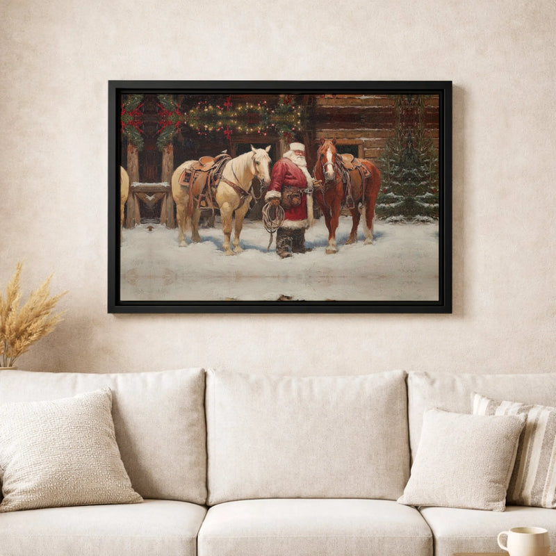 Western Christmas Canvas Wall Decor, Cowboy Santa Claus Canvas Art, Rustic Santa Canvas Print, Farmhouse Holiday Wall Art, Xmas Home Present