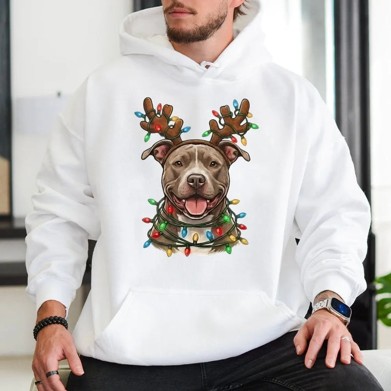 Reindeer Antler Dog Hoodie, Pitbull Christmas Hoodie, Pitbull Holiday Lights Sweatshirt, Festive Dog Mom Pullover, Dog Lover Xmas Present