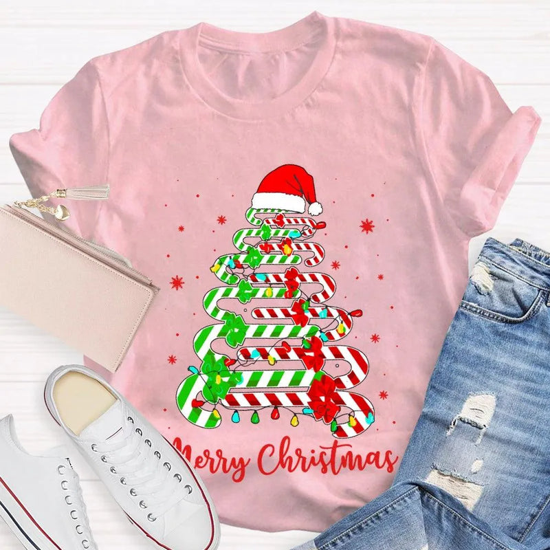 Festive Merry Tree Graphic Tee, Christmas Candy Tree T-Shirt, Holiday Candy Cane Christmas Shirt, Adorable Winter Apparel, Christmas Present