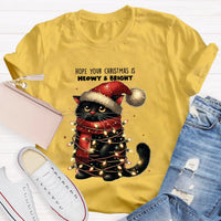 Adorable Holiday Cat Graphic Tee, Meowy and Bright Christmas Cat Teacher T-Shirt, Festive School Teacher Shirt, Humorous Cat Lover Xmas Top