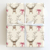 Pink Bow and Berry Branch Gift Wrap, Watercolor Reindeer Wrapping Paper, Rustic Holiday Deer Wrapping Paper, Elegant Christmas Gift Wrap