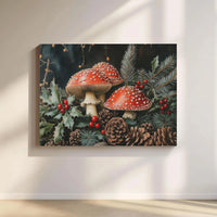 Red Amanita Mushroom Canvas Print, Christmas Mushroom Canvas Wall Art Digital Download, Cottagecore Woodland Mushroom Canvas Art Printable