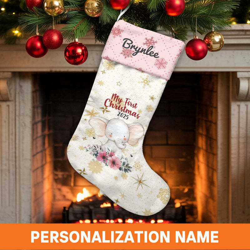 My First Christmas Stocking 2025, Personalized Baby Elephant Christmas Stocking, Baby Girl Floral Holiday Stocking, Custom Keepsake Present