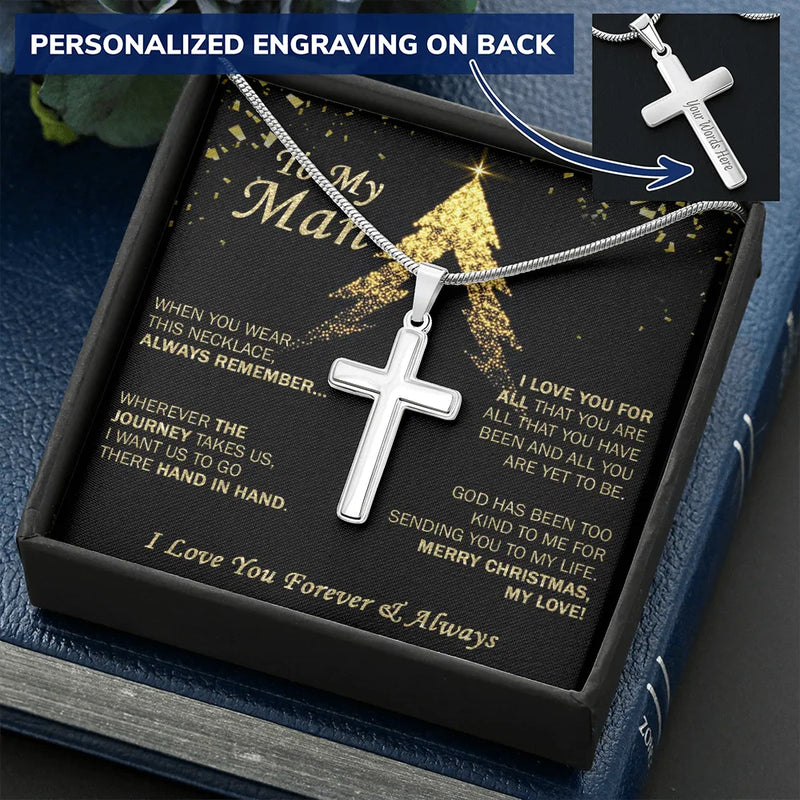 Custom Engraved Faith Pendant, Personalized Cross Necklace for Men, Stainless Steel Mens Cross Necklace, Christmas Present for Husband