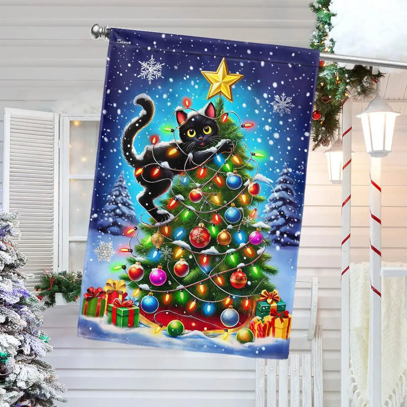 Humorous Holiday Kitten Yard Flag, Black Cat Christmas Tree Garden Flag, Double-Sided Cat Lover Garden Flag, Winter Xmas Lawn Decor