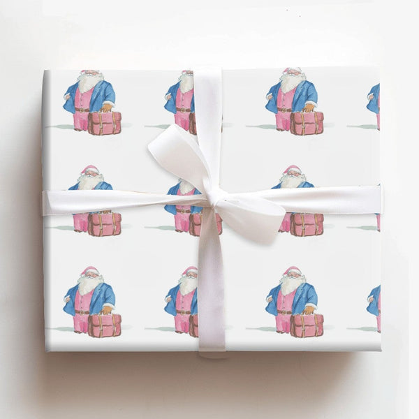 Pink Suit Santa Claus Wrapping Paper, Travel Santa Wrapping Paper, Whimsical Watercolor Holiday Gift Wrap, Christmas Present 