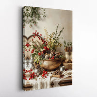 Pine Cones Berries Holiday Wall Art, Christmas Still Life Canvas Print, Winter Botanical Canvas, Christmas Wall Art, Seasonal Home Decor