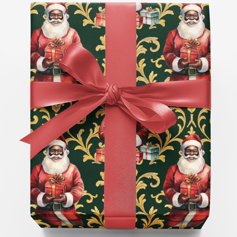 Gold Damask Christmas Gift Wrap, Black Santa Wrapping Paper, Navy Gold Santa Present Paper, Black Santa Holiday Wrapping Paper, Xmas Gift Wrap