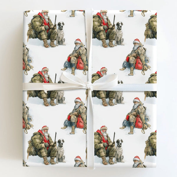 Rugged Hunter Christmas Gift Wrap, Hunting Santa Claus with Dog Wrapping Paper, Winter Hunting Wrapping Paper Roll, Sportsman