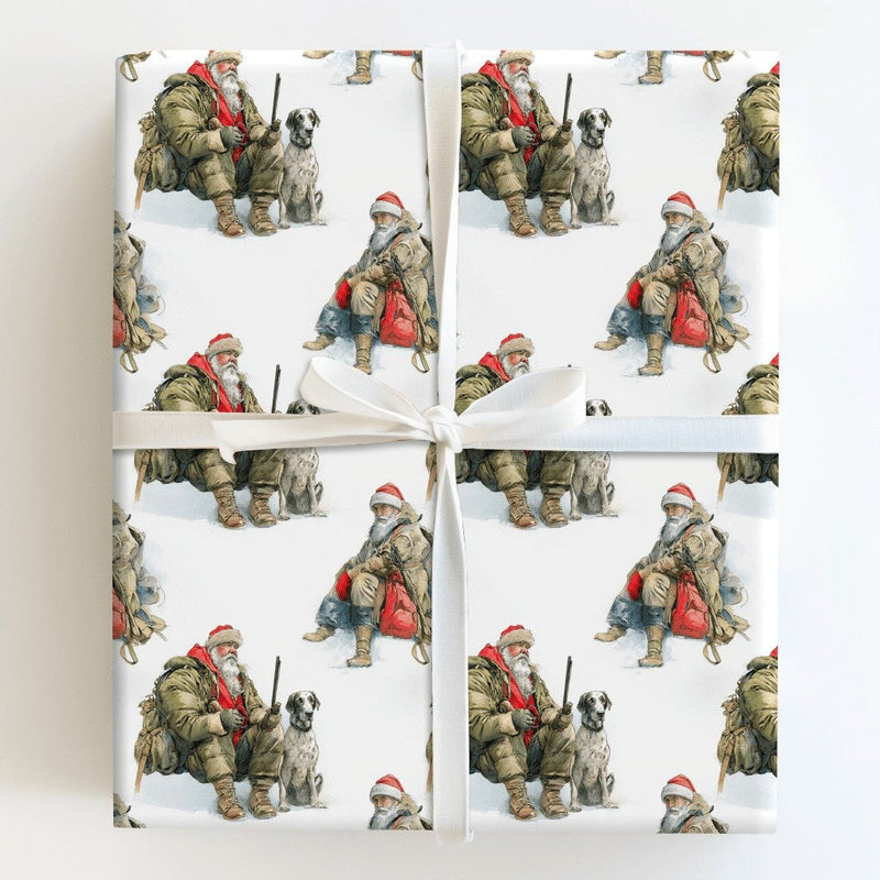 Rugged Hunter Christmas Gift Wrap, Hunting Santa Claus with Dog Wrapping Paper, Winter Hunting Wrapping Paper Roll, Sportsman Present Wrap