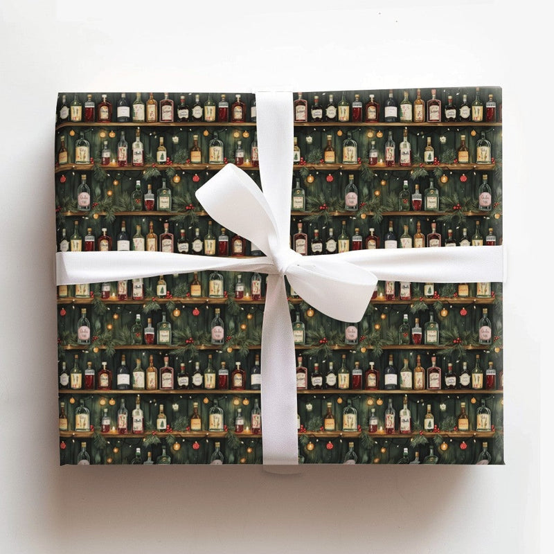 Liquor Bottle Shelves Gift Wrap, Holiday Bar Cabinet Wrapping Paper, Festive Wine Shelf Wrapping Paper, Adult Christmas Party Wrapping Paper