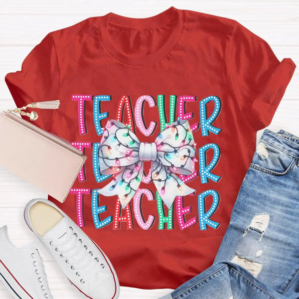 Festive Holiday Coquette Bow Shirt, Christmas Teacher Bow T-Shirt, Adorable Christmas Teacher Graphic Tee, Merry Xmas Educato