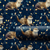 Adorable Animal Holiday Lights Gift Wrap, Christmas Otter Wrapping Paper, Watercolor Otter Xmas Wrapping Paper, Winter Holiday Wrapping Paper