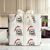 Watercolor Santa Hat Gift Wrap, Christmas Sloth Wrapping Paper, Adorable Animal Holiday Wrapping Paper, Festive Kids Xmas Wrap Roll