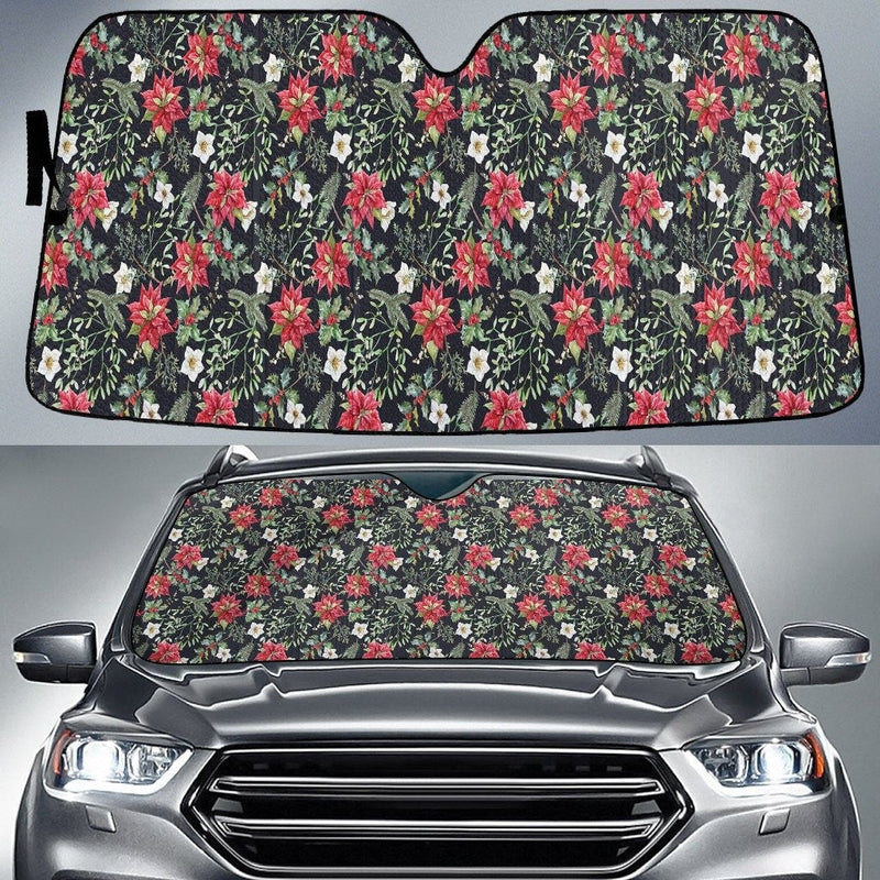 Red and White Holiday Windshield Shade, Christmas Poinsettia Car Sunshade, Winter Floral Sun Shade, Festive Xmas Car Accessories Present