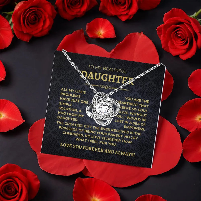 Gold CZ Message Card Jewelry, Daughter Love Knot Necklace, Sentimental Daughter Keepsake, Christmas Birthday Love Knot Necklace Present