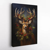 Holly and Pinecone Wreath Canvas, Majestic Deer Christmas Wall Art, Festive Winter Stag Canvas Print, Rustic Holiday Living Room Decor